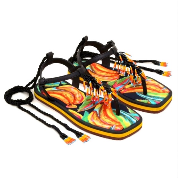 Farm Rio Black Banana Beaded Flat Sandal 9 - Picture 2 of 7